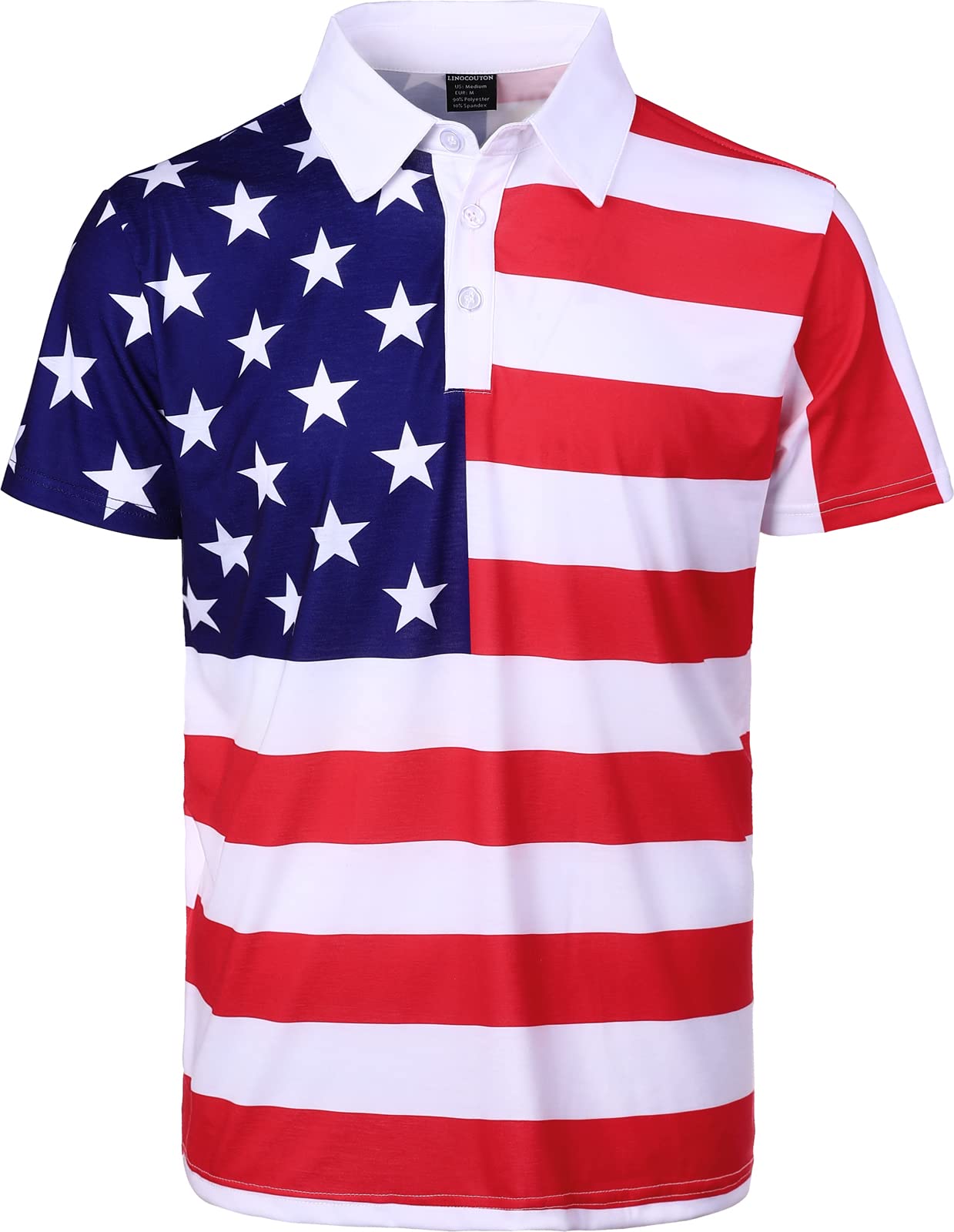 LINOCOUTON Mens American Flag Patriotic Golf Polo Shirt 4th of July Short Sleeve Stars Stripes Pieced Outfit, White, X-Large