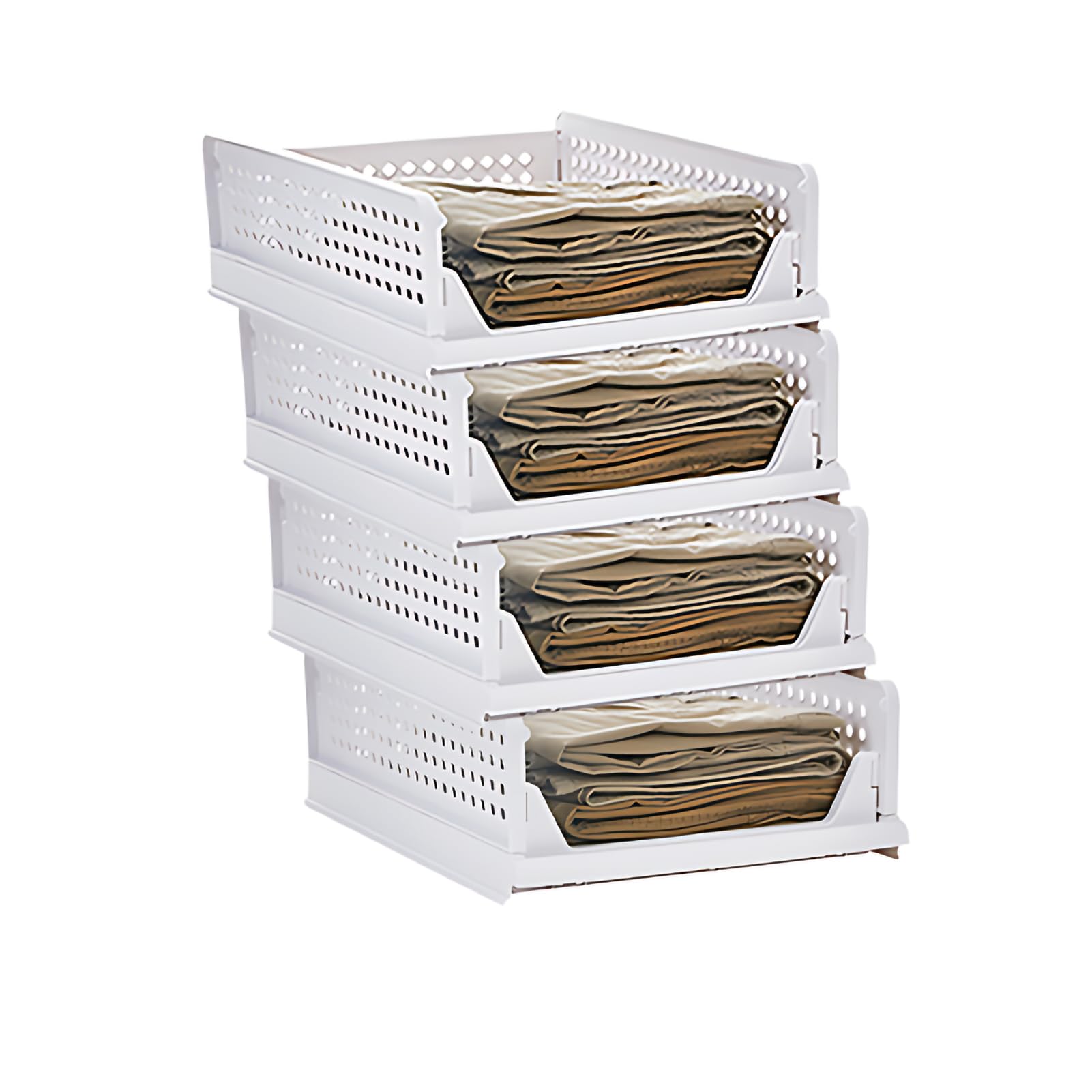 4 Pack Folding Closet Organizers Storage Box, Wardrobe Storage Organiser, Plastic Storage Drawers, Drawers for Inside Wardrobe, Suitable for Wardrobes, Cupboards, Pantries, 33CM*43CM*14CM, White