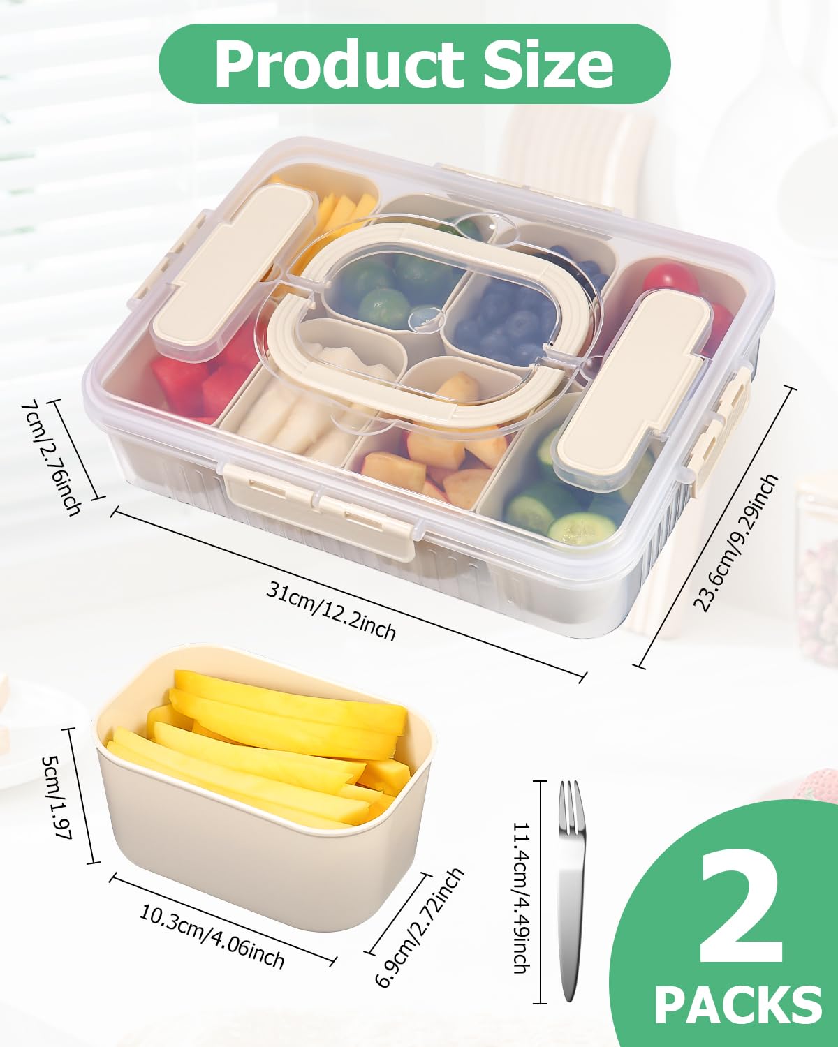 2 Packungen Snackbox mit Fächern mit 8 Gabeln, Snackteller mit Deckel mit 16 Fächern und Griffen, Snackbox mit Fächern Kinder, Wird Verwendet, um Süßigkeiten, Früchte, Kekse und Gewürze Aufzubewahren