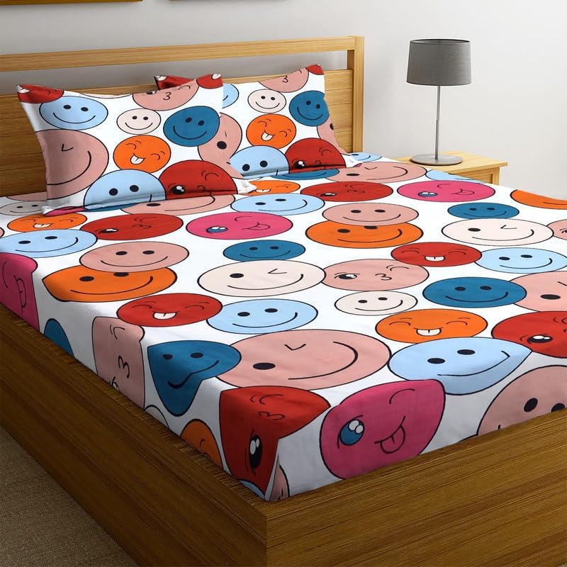 Image of Blue Strip Polycotton Fitted Bedsheet, King 72x78 (Multi Smiley) | 300 TC | All-Round Elastic Grip | Soft, Breathable & Colourfast | Wrinkle Resistant | Machine Washable