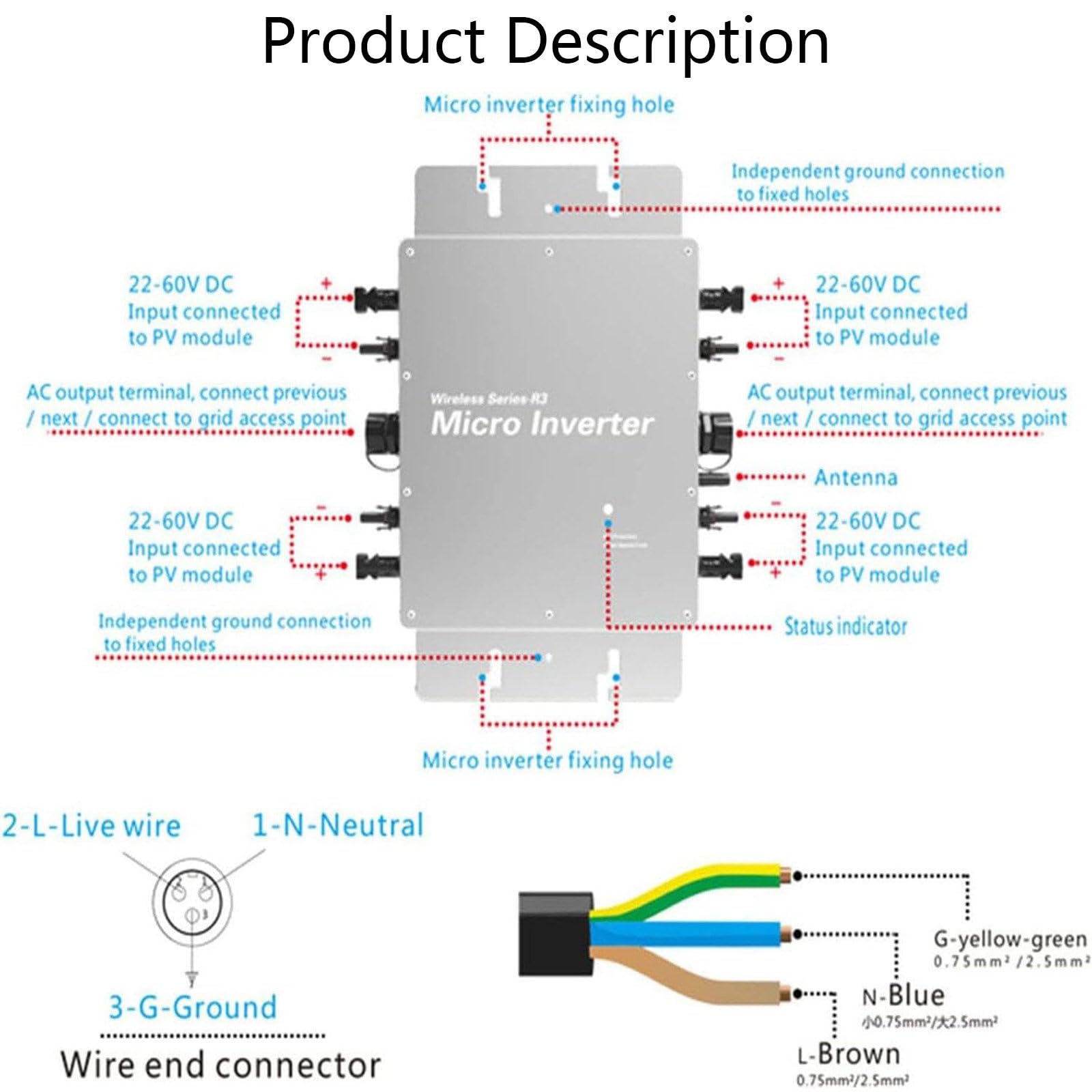 Micro Inverter da 1600 W, Micro Inverter Solare a Rete, Ingresso Fotovoltaico CC 22-60 V, Uscita CA 120/230 V, per Pannello Solare, Inverter di Potenza IP65,PackageA