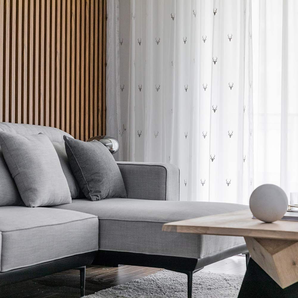 Vorhang Voile Hirsch Stickerei Tüll Transparent Gardinen mit Ösen Fensterschal, für Wohnzimmer Schlafzimmer Balkon Vorhänge 2 Stück,W100xL250cm