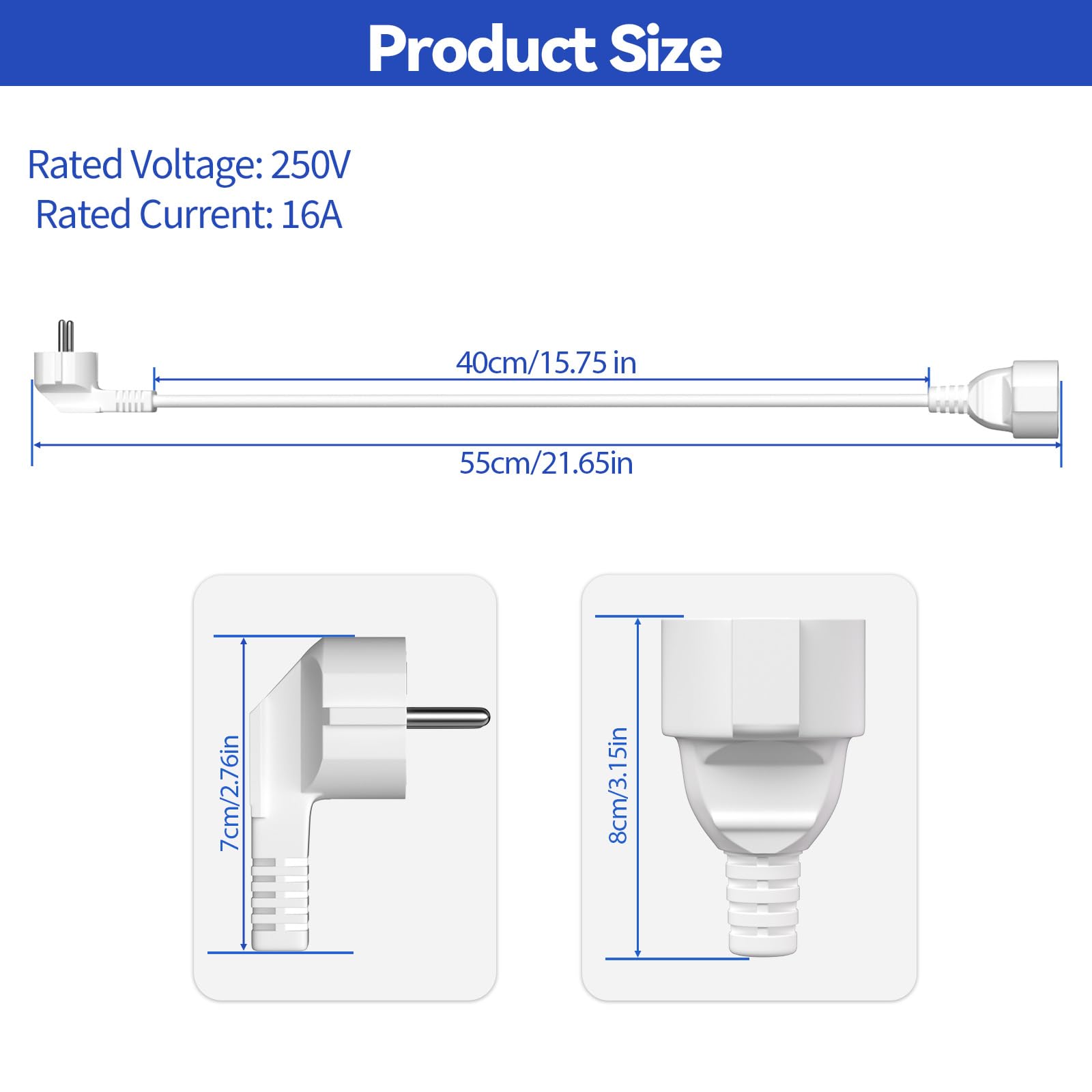 Rallonge Schuko IP20 250V 16A 3680W H05VV-F3G 1,5 mm² 0,5 m Blanc