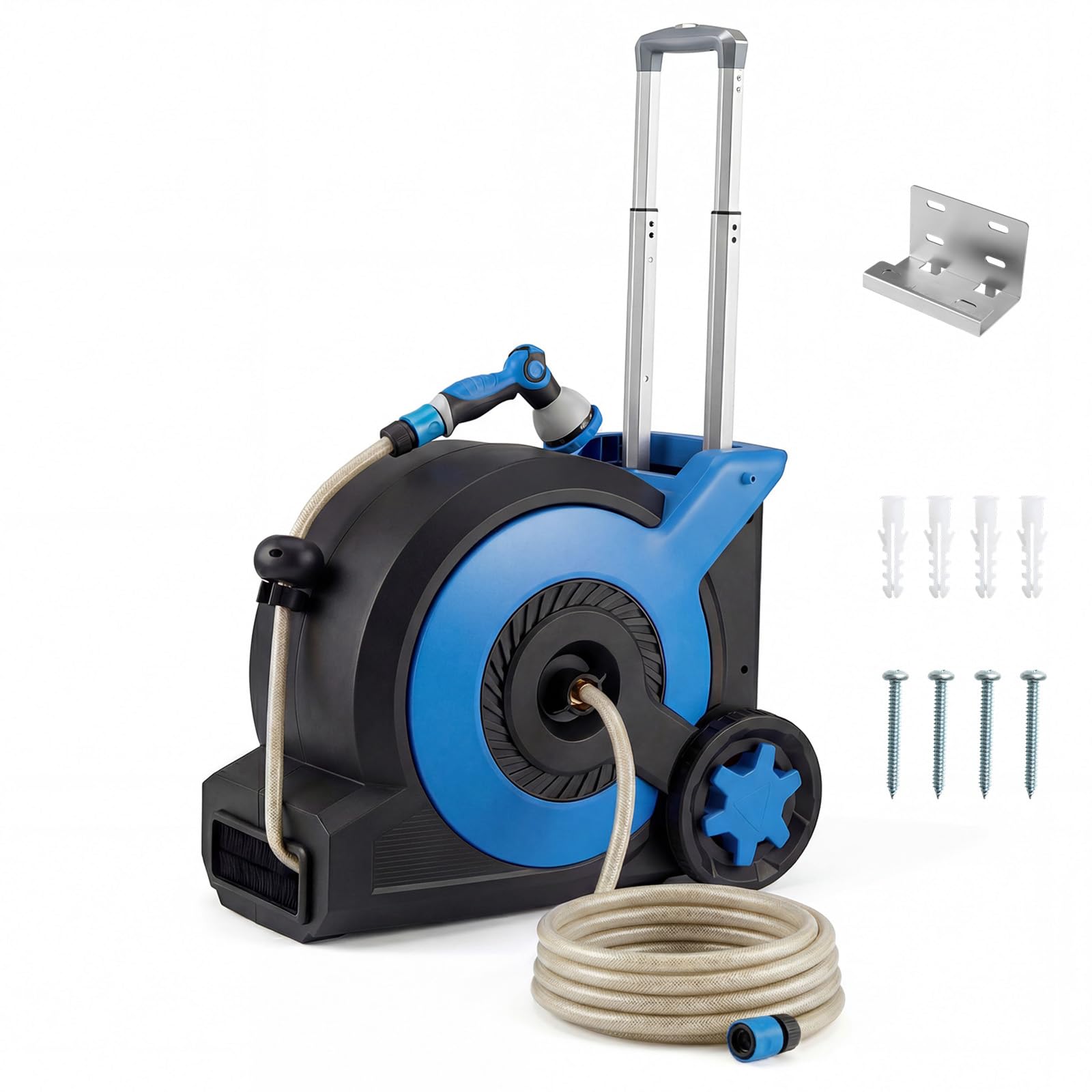 COSTWAY Retractable Hose Reel 30+2M, 10 in 1 Nozzle Floor/Wall Mounted Garden Hose with Wheels, Hose Locking Mechanism & Stakes, Auto Rewind Hose Pipe Reel, Includes Wall Fixings