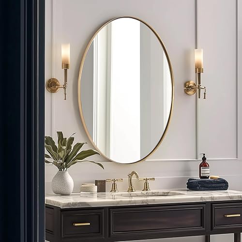 Miniatura 9 de ANDY STAR Espejos ovalados dorados para baño, 24 x 32 pulgadas, espejo de pared ovalado con marco de metal dorado cepillado, espejo de pared ovalado
