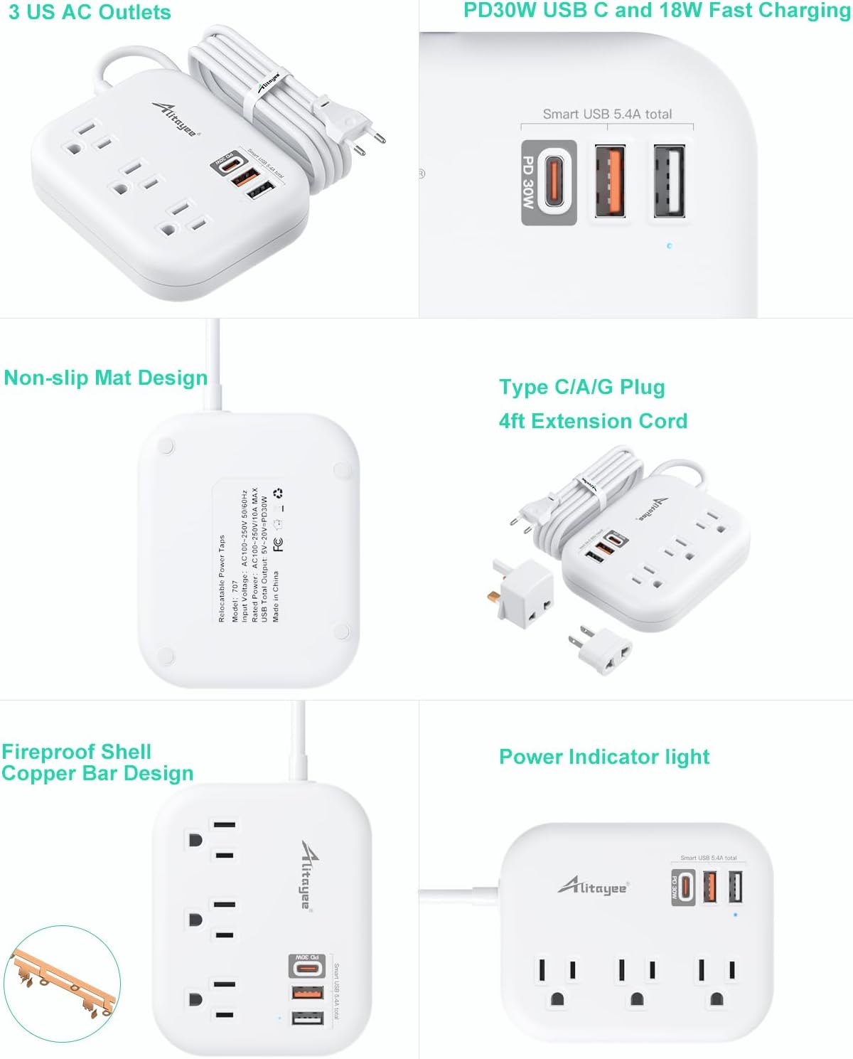 Alitayee PD30W USB C Travel Power Strip, European Travel Plug Adapter with 3 Outlets 3 USB Ports, International Universal Plug Adapter with 4ft Extension Cord to EU US UK Italy Spain France Germany