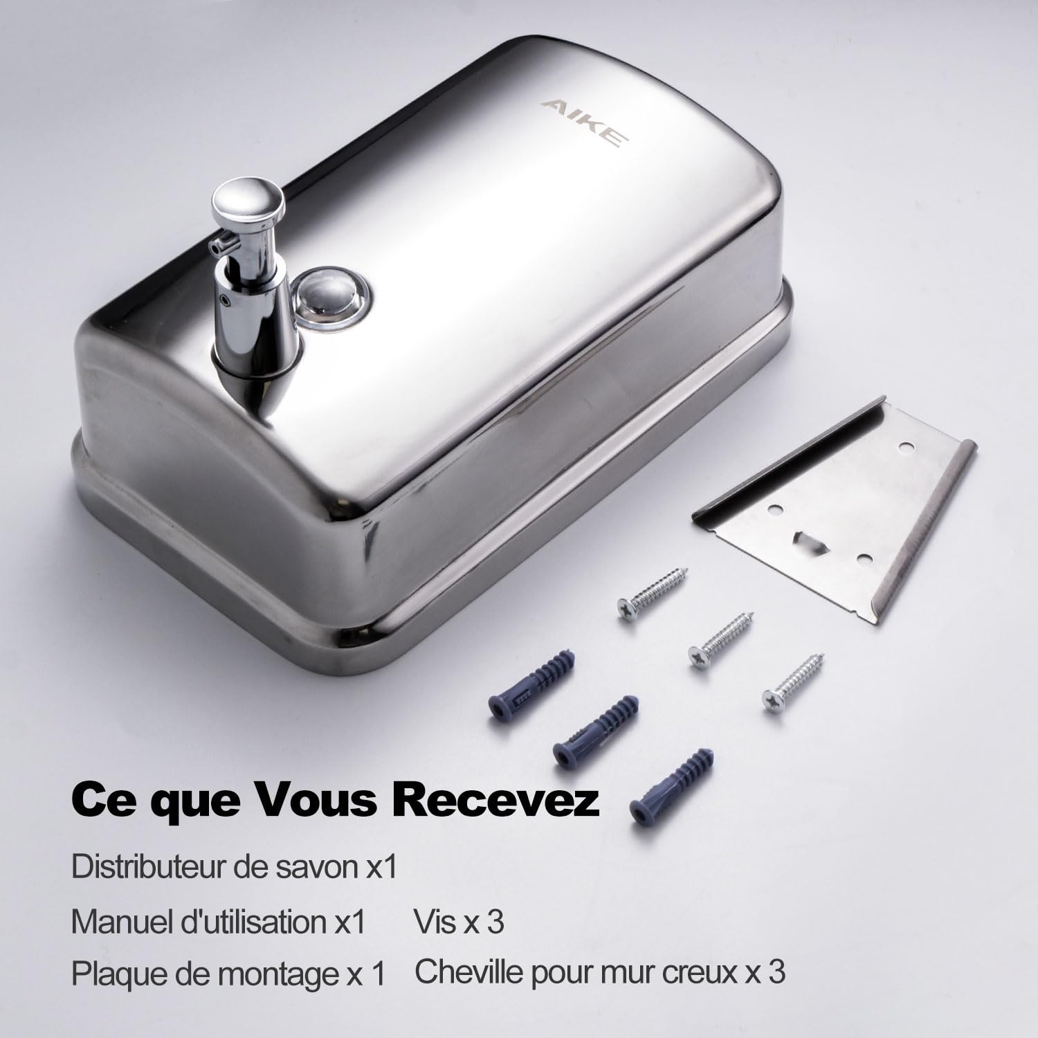 AIKE Distributeur de Savon Liquide Mural, Acier Inoxydable, 500 ML à Usage Commercial, AK1001 (Poli)