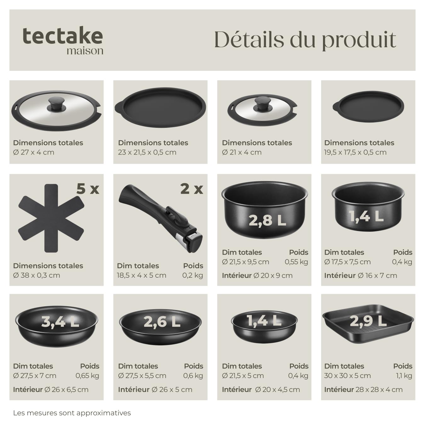 tectake® Batterie de cuisine 17 pcs, 2 Casseroles, 3 Poêles à frire, 1 Poele à griller, 4 couvercle casserole, 5 protège Casseroles Batterie de cuisine Induction, Cuisinère gaz, Vitrocéramique, Noir