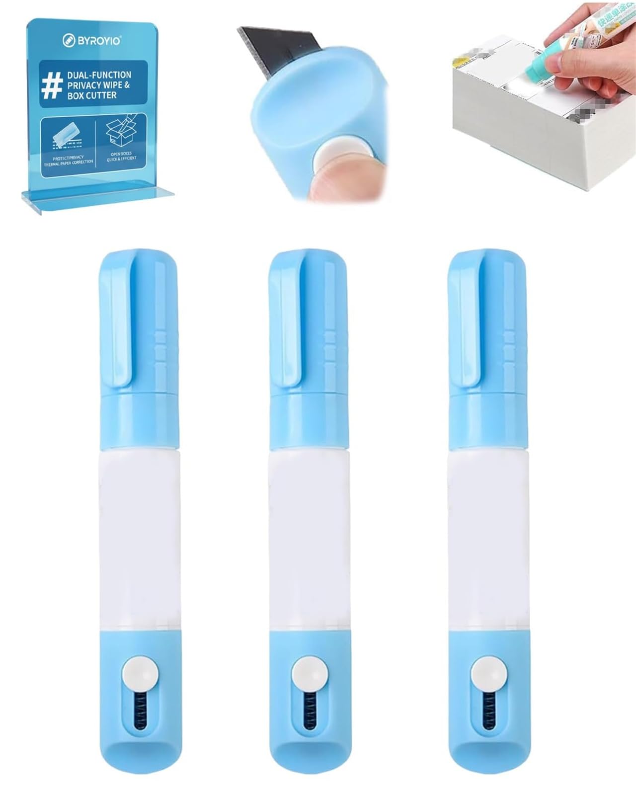 Buobiy 2 in 1 Privacy Wipe Box Cutter, Thermal Ink Remover, Water-Based Thermal Paper Eraser Pen, One Smear Printed Text Covering for Documents, Labels, Packages, Shipping Addresses (3PCS-Blue)