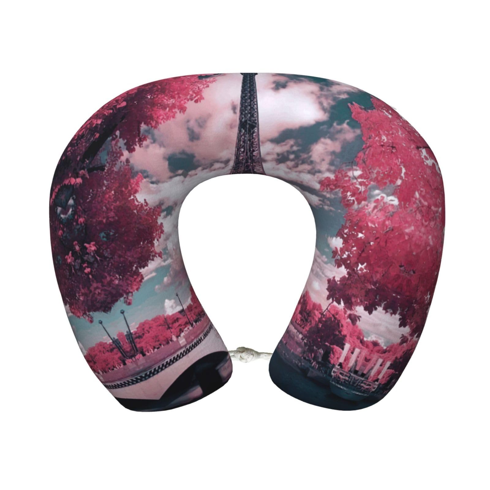 ASFgda U-Shape Memory Foam Pink Landscape Eiffel Tower Print Travel Pillow,Neck Support,Washable Cover For Airplane Car Home Office