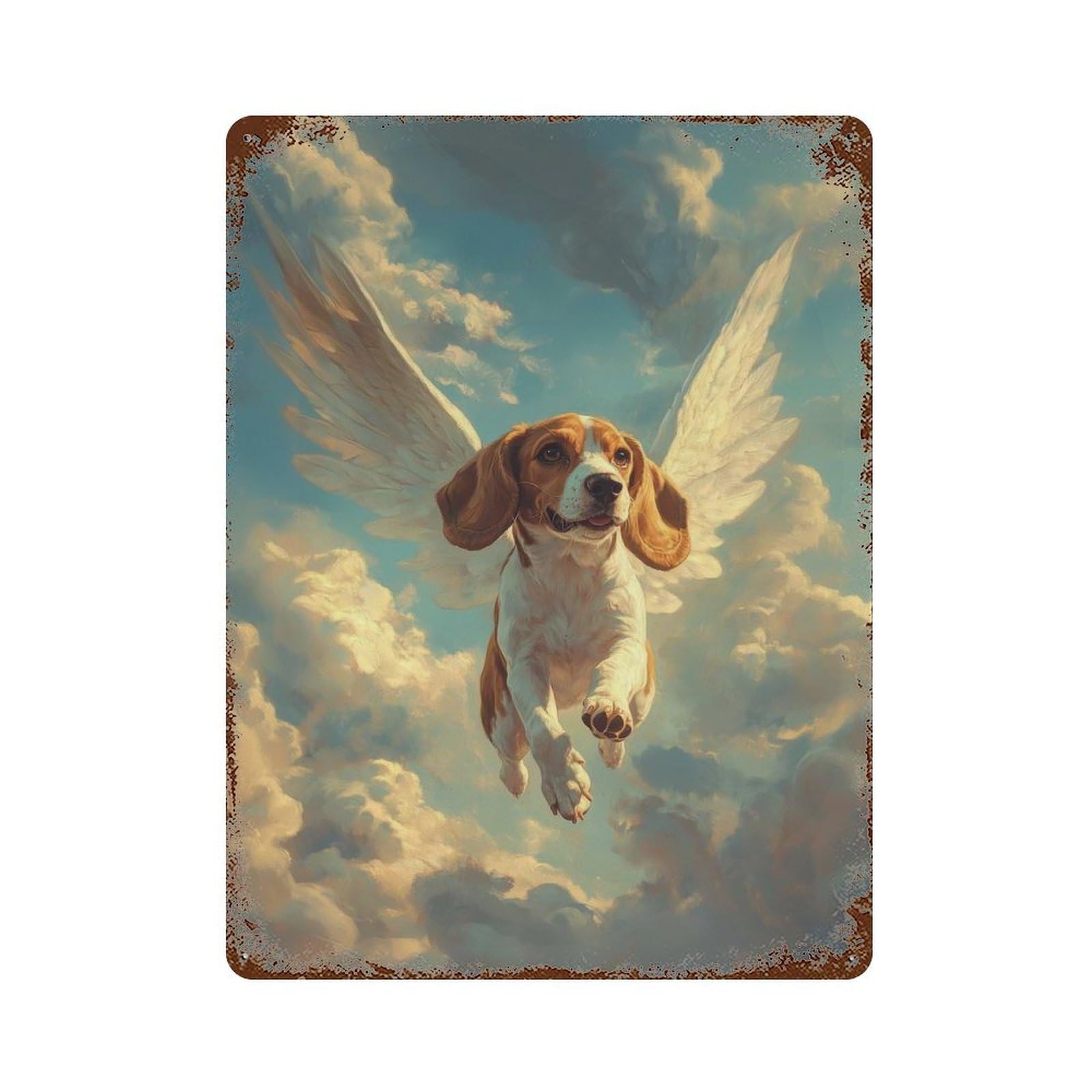 Beagle with Angel Wings In Memoriam Tribute Vintage Wall Sign 15.7"x11.8", Rust Effect Metal Decor for Basement, Hobby Room And Garage Decor