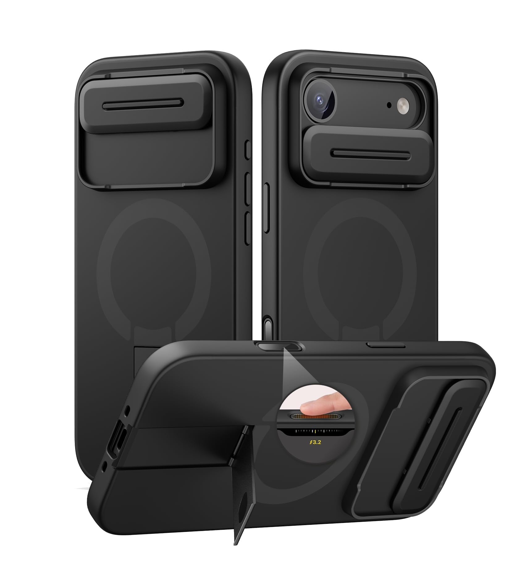 SURITCH for iPhone Air Case with Camera Control Cover, Camera Slide Cover and Adjustable Kickstand, Compatible with MagSafe, Shockproof Bumper Protective Cases for iPhone 17 Air 6.5 Inch, Black