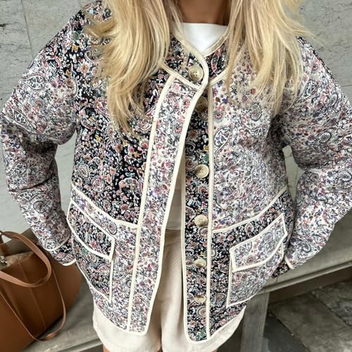 Women Floral Print Cropped Puff Jacket Long Sleeve Button Down Cardigan Y2K Lightweight Patchwork Padded Coat3