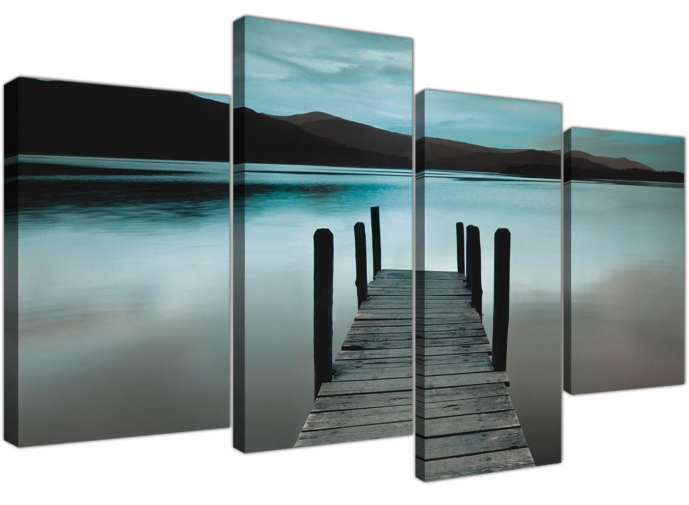 Wallfillers Teal Grey Coloured Lake Jetty View Landscape Canvas - 4 Part Set - 51 Inches Wide - 4237