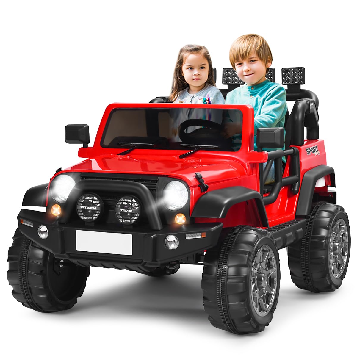 GYMAX 2-Seater Kids Ride on Car, 12V Battery Powered Toy Car with Remote Control, Lights, Music, USB/TF/AUX, High/Low Speed, Slow Start & Storage Space, Children Electric UTV for 3 Years Old+ (Red)