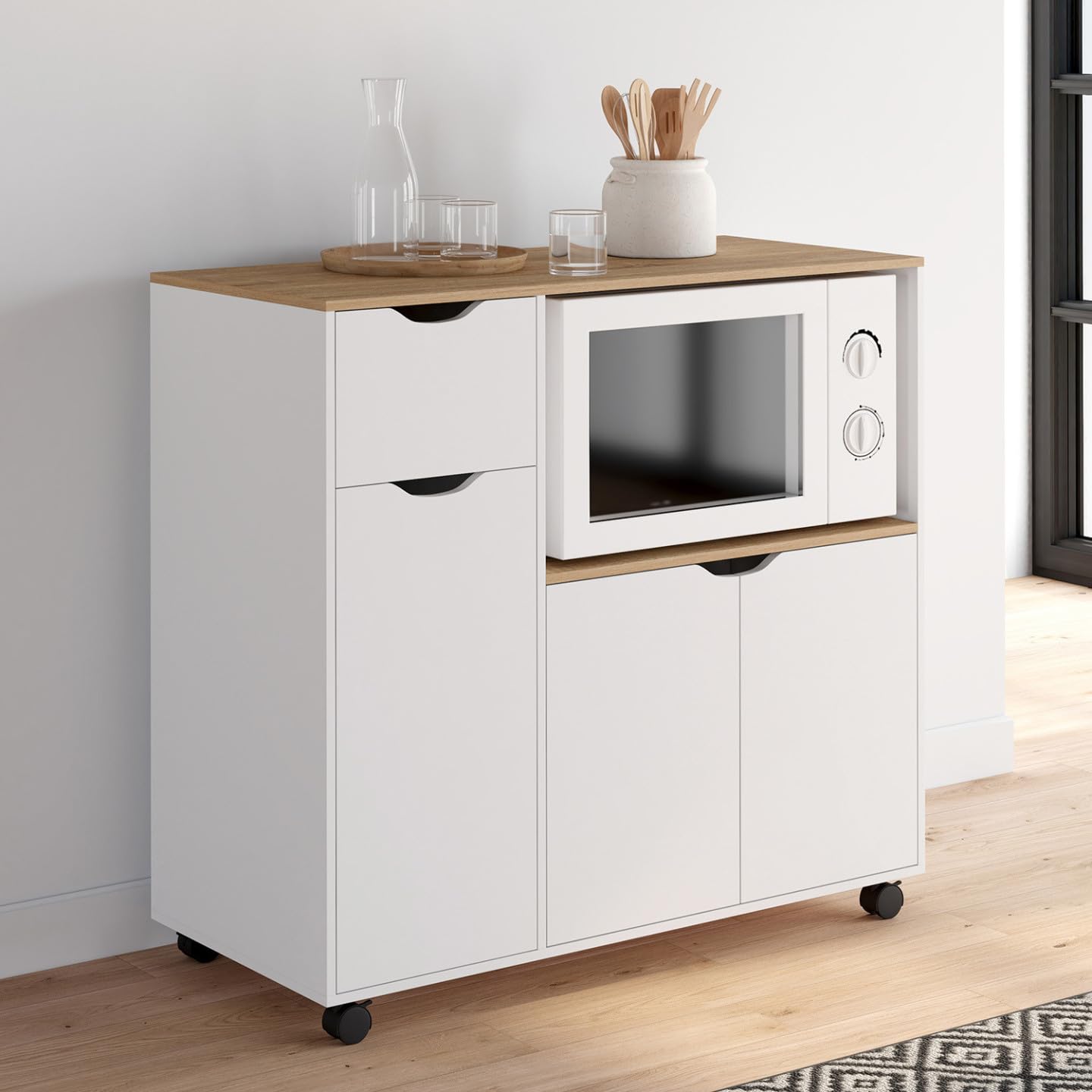 IDMarket - Credenza a microonde COSI XXL con cassetto in legno bianco e ripiani in faggio L.90 CM
