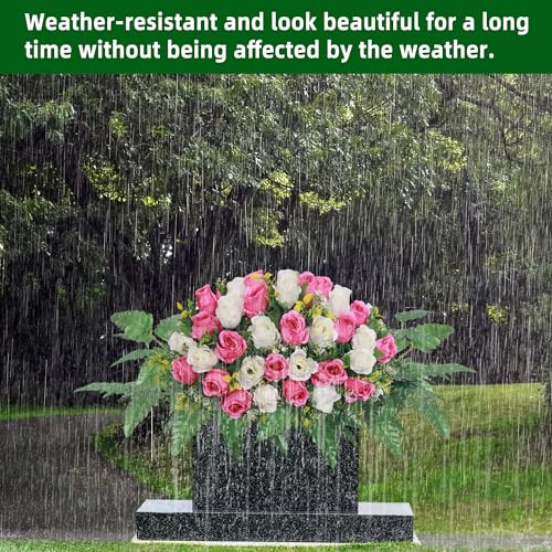 Lodou Artificial Cemetery Flower Saddles, Rose Headstone Flower Saddle Outdoor Grave Decorations,Cemetery Memorial Flowers with Vase for Grave Tombstone Decorations (Pink and White image 1