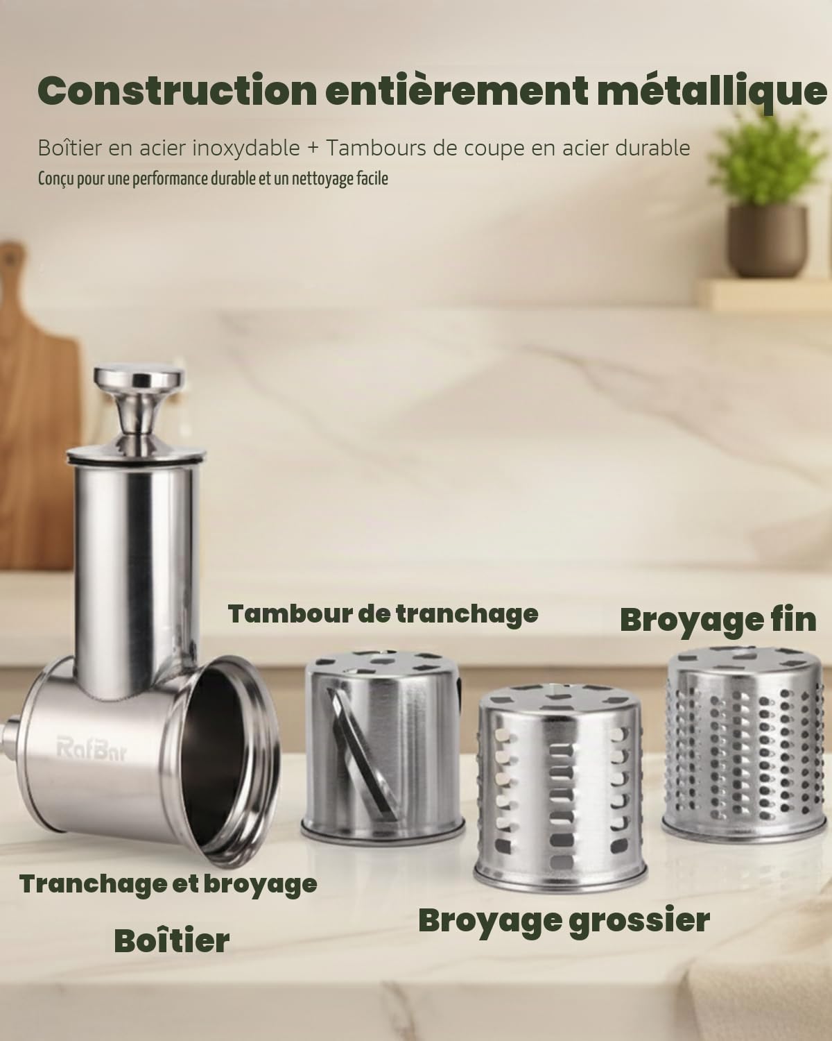RAFBAR Accessoire pour râpe à fromage KitchenAid - Lame plus large de 75 mm pour KitchenAid - Grande goulotte d'alimentation de 60 mm, 3 lames de tambour, machine à salade, passe au lave-vaisselle