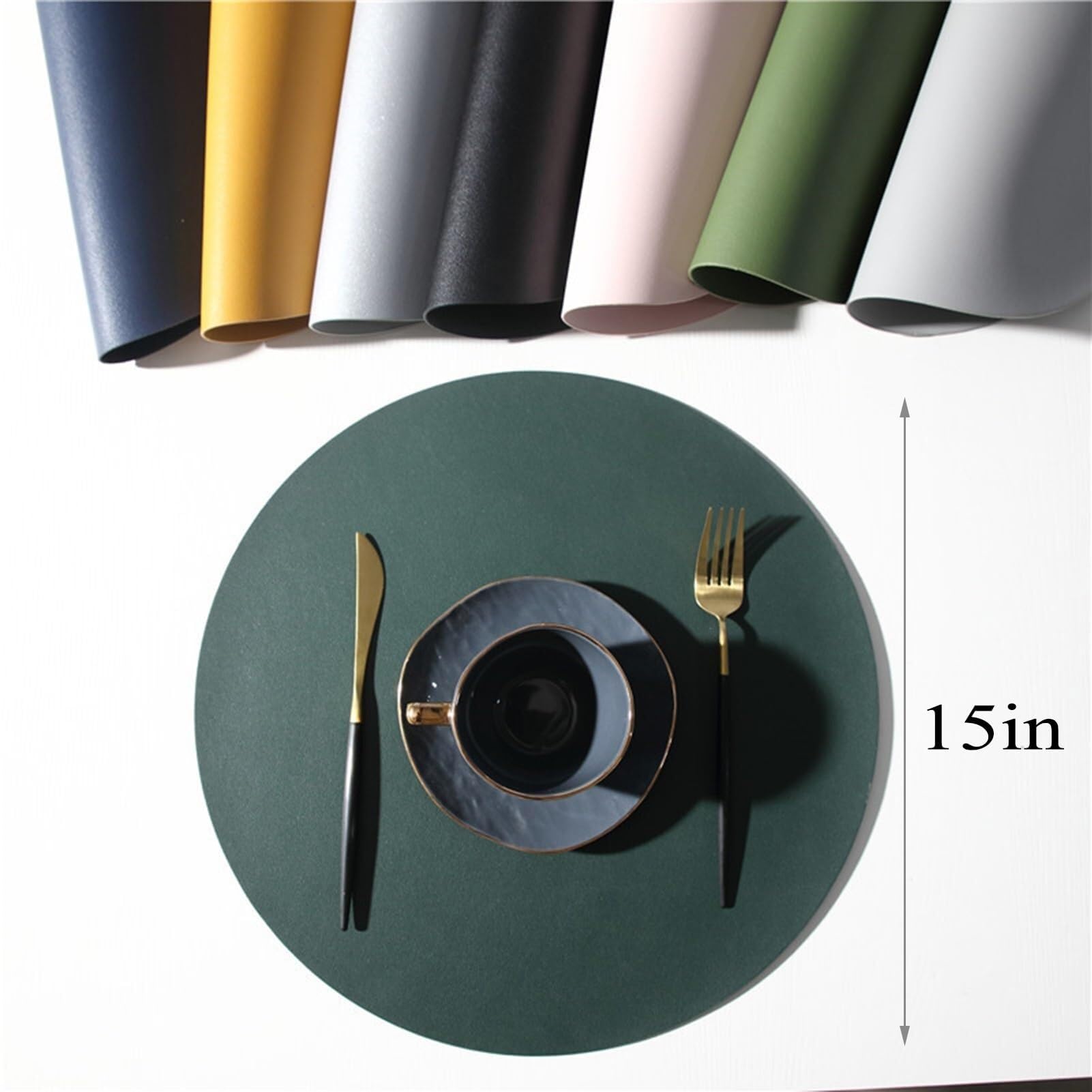Lot de 6 sets de table ronds en similicuir pour tables de cuisine, table de salle à manger, décoration de cuisine - 38,1 cm - Lavables - Gris clair