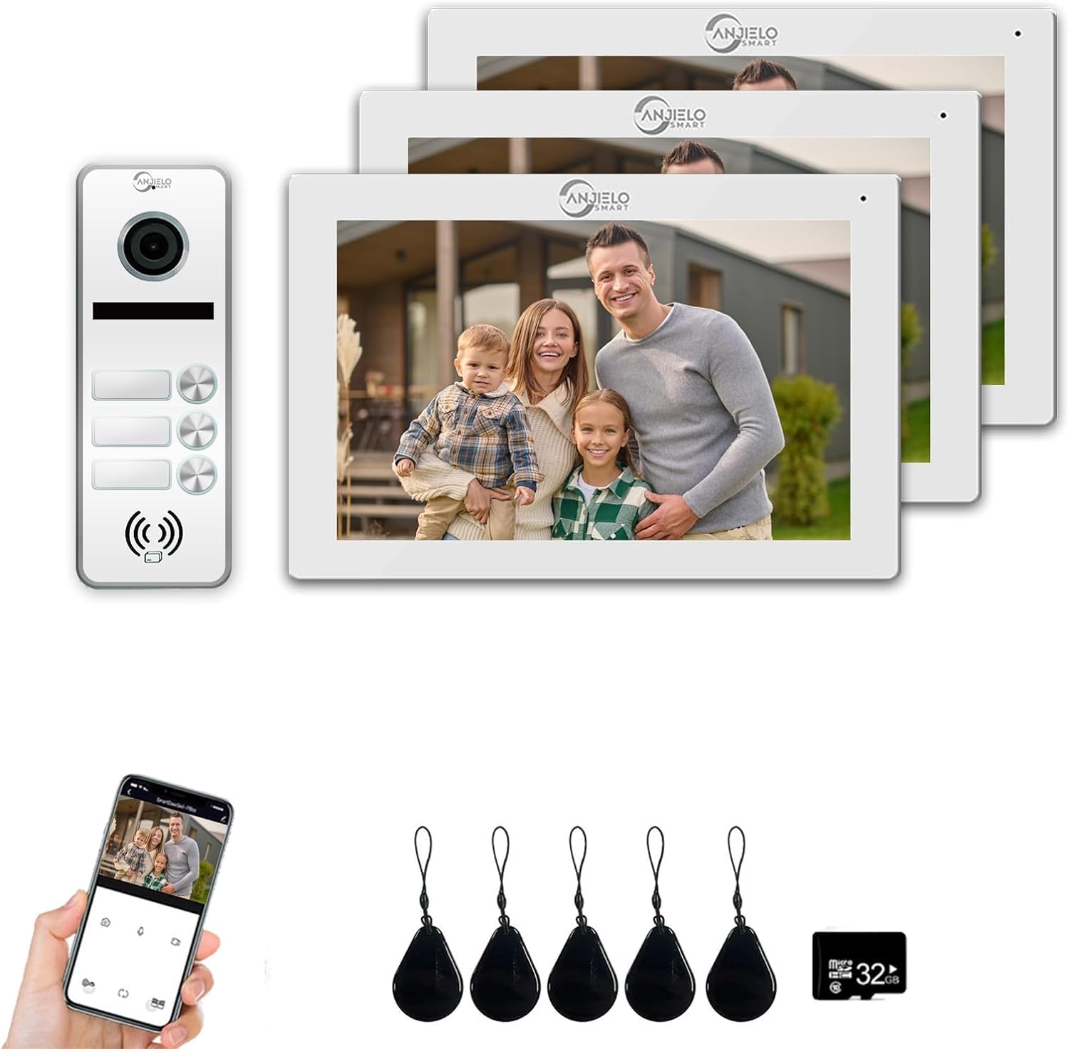 ANJIELO SMART Videocitofono 1080P (Campanello cablato), Campanello per 3 famiglie, Touch Screen da 7 pollici, sblocco Possibile, citofono bidirezionale (bianco)