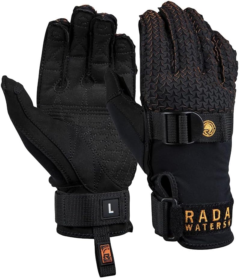 Radar Men's Hydro-A Water Sports Gloves - Amara Sticky Grip Palm, PowerPull Closure, Laser Cut Backhand, Pre-Curved Fingers, Seamless Fit, Matte Black & Orange
