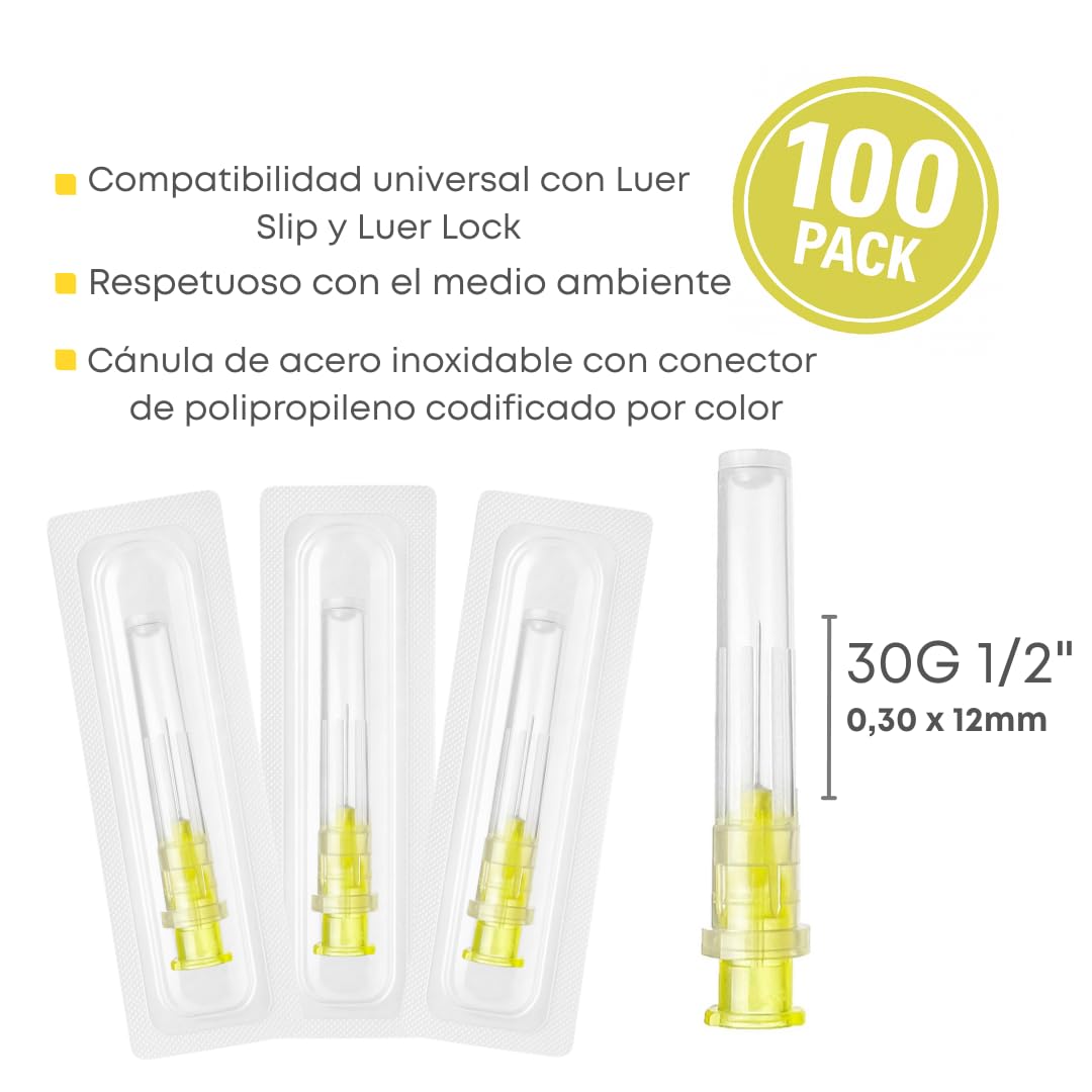 100 tubos dosificadores de acero inoxidable 30G x 12 mm, envasados individualmente, para laboratorio, industria y aplicaciones cosméticas