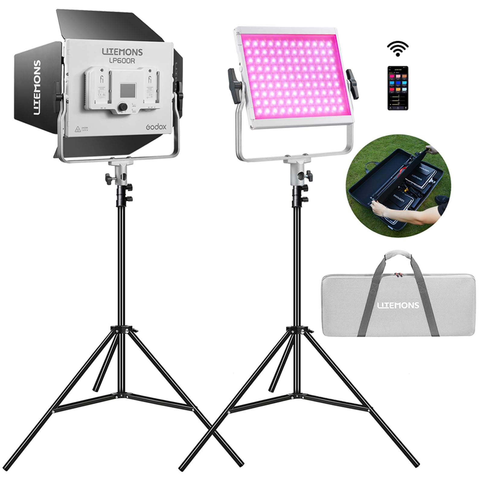 Godox Pacchetto di 2 Litemons LP600R RGB LED Light Panel Kit con Tripod/Carry Bag, App Control, 60 W Photo Studio Lighting, 1800 K - 10000 K, 14 modalità FX, rotazione a 360° (LP600R K2)