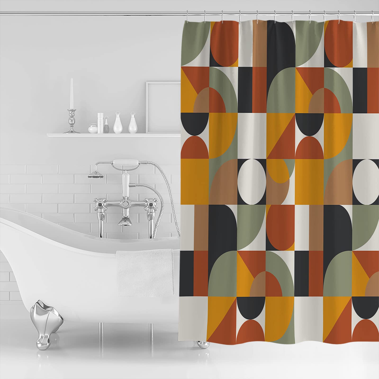 NTETSN Boho Geometric Shower Curtain - Yellow & Brown Vintage 50s/60s Pattern, 72x72", Waterproof - View #6