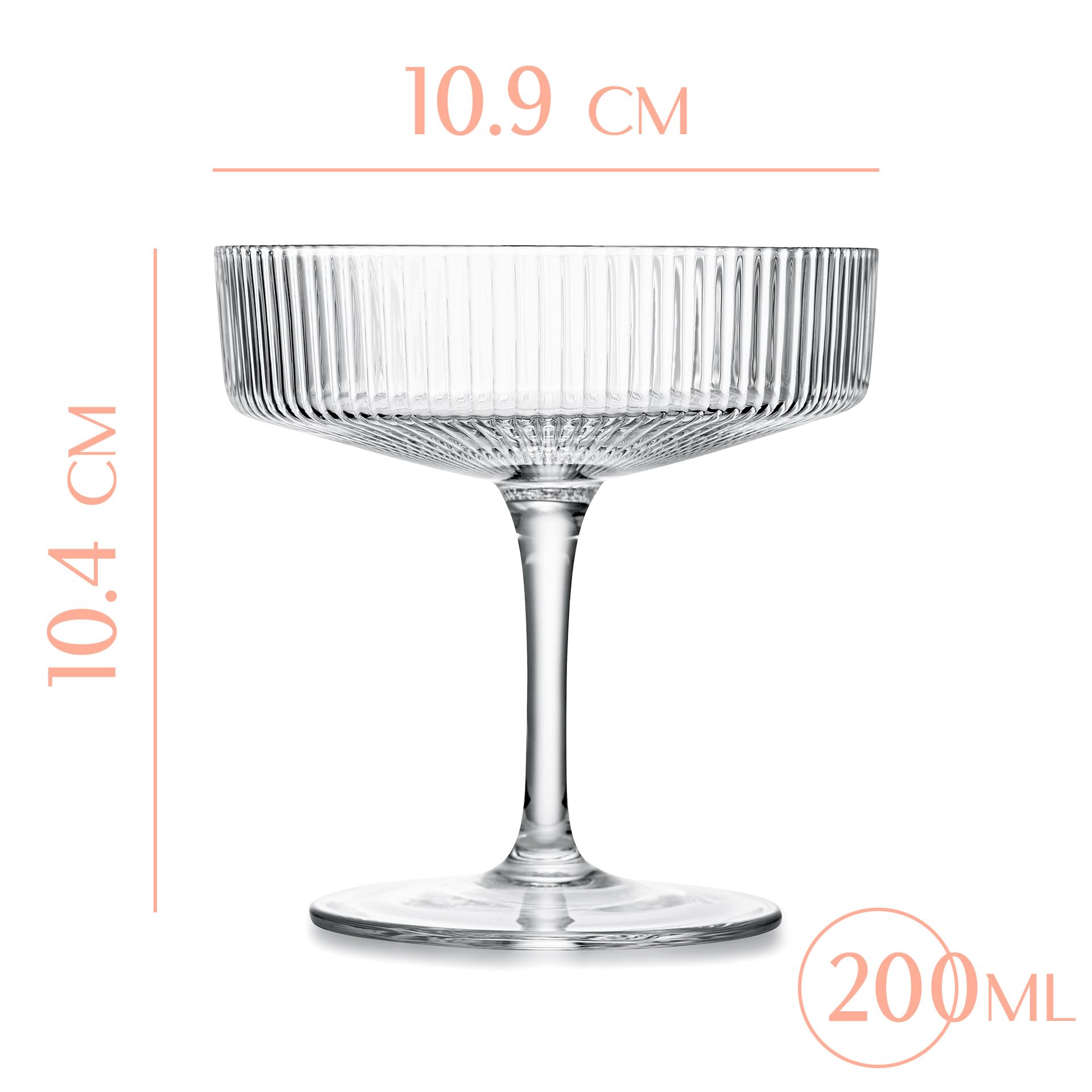 Copas Clásicas Art Déco Coupé | Juego de 4 | 200 ml | Cristalería Clásica para Cócteles, Champán, Martini, Manhattan, Cosmopolitan | Copas de Champán con Platillo de Cristal Acanalado