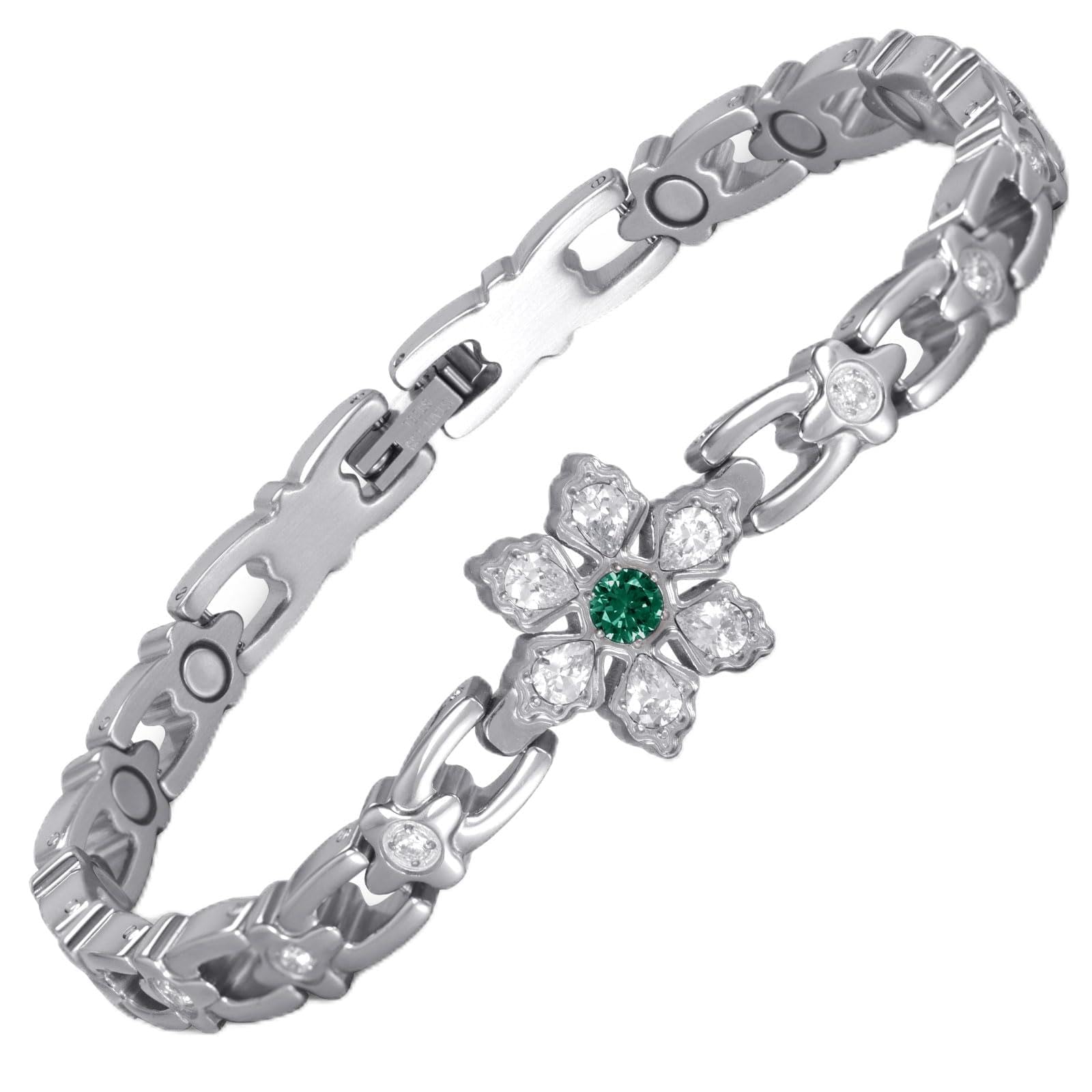 RainSo Bracelet magnétique pour femme | Bracelet en acier inoxydable avec motif flocon de neige | Décoré avec pierres précieuses et cristaux vert foncé | Outil et boîte cadeau inclus