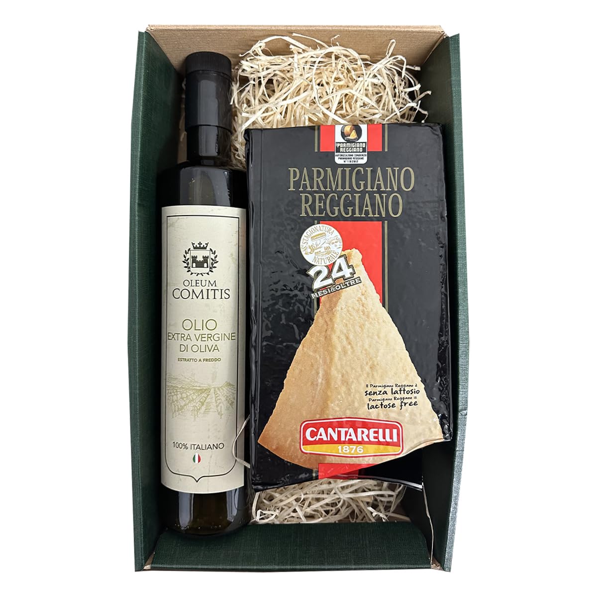 Oleum Comitis – Aceite de oliva virgen extra – Extracto en frío 100% italiano – Caja de regalo con botella de 750 ml y queso parmesano Reggiano Cantarelli 1876 curado 24 meses de 1 kg