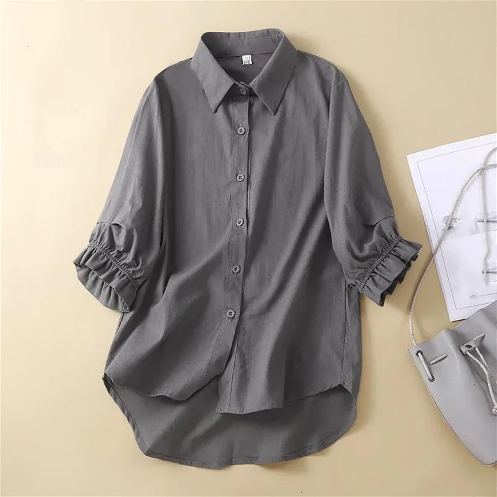 Camisa casual de manga larga para mujer, talla grande, estilo de algodón y lino, de un solo botonadura