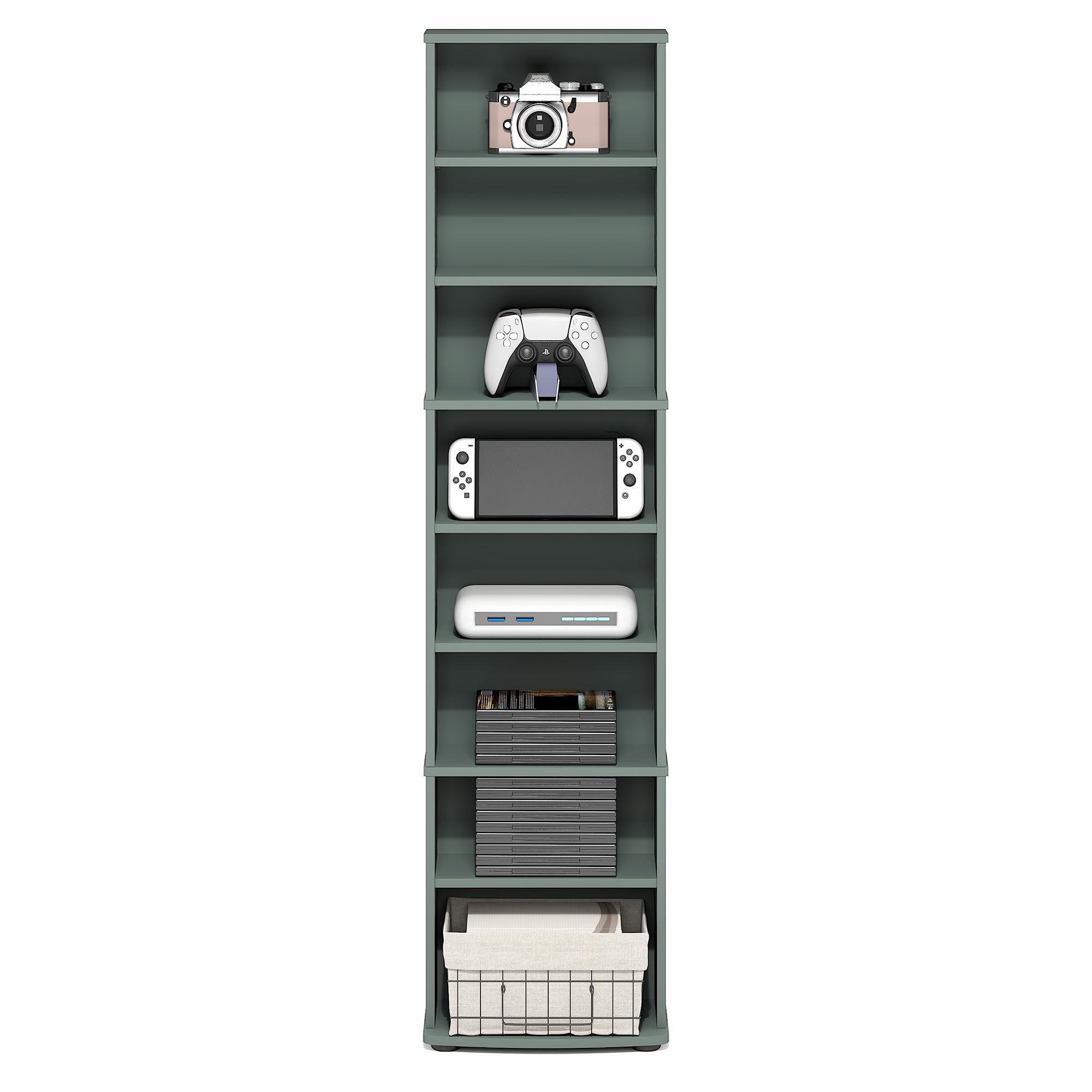 Furinno Jaya Estantería Alta Estrecha de 8 Niveles Multimedia Ajustable para CD DVD BLU-Ray Juegos fácil de Montar Sala de Estar y Oficina Blanco