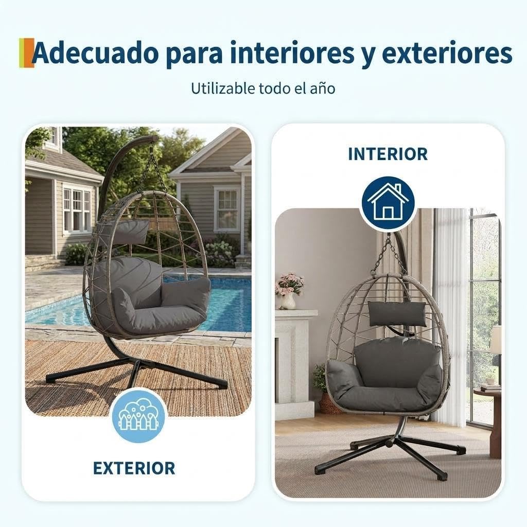 Garvee Silla Colgante de Huevo Plegable Vertical con Soporte de Acero Robusto, Cojines Impermeables y Funda Protectora para Jardín Terraza Balcón y Salón, Capacidad 150kg, Ratán Gris y Cojín Gris
