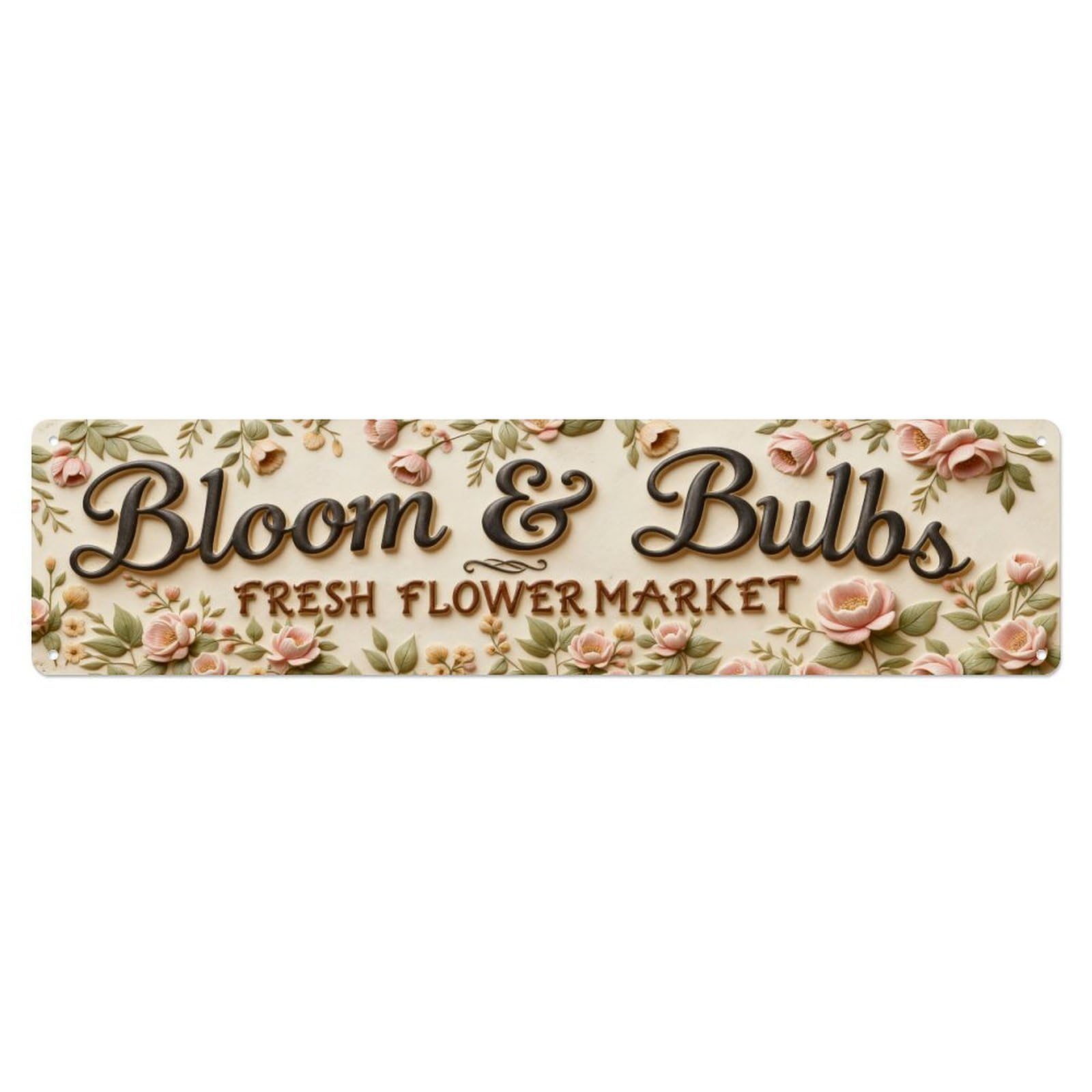 Floral Pattern With Pink Roses And Green Leaves Metal Tin Sign Plaque