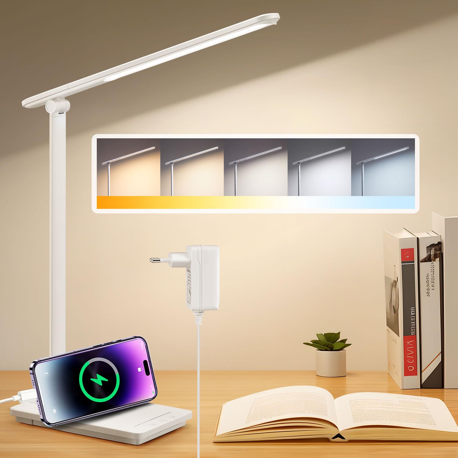 PIKOY Lampara Escritorio con ADAPTADOR de 12W,5 Colores&15 Niveles de Brillo Flexo LED Escritorio,Lampara Escritorio Led con Puerto USB de Carga,Lampara de Mesa Flexo Escritorio Temporizador de 45 Min