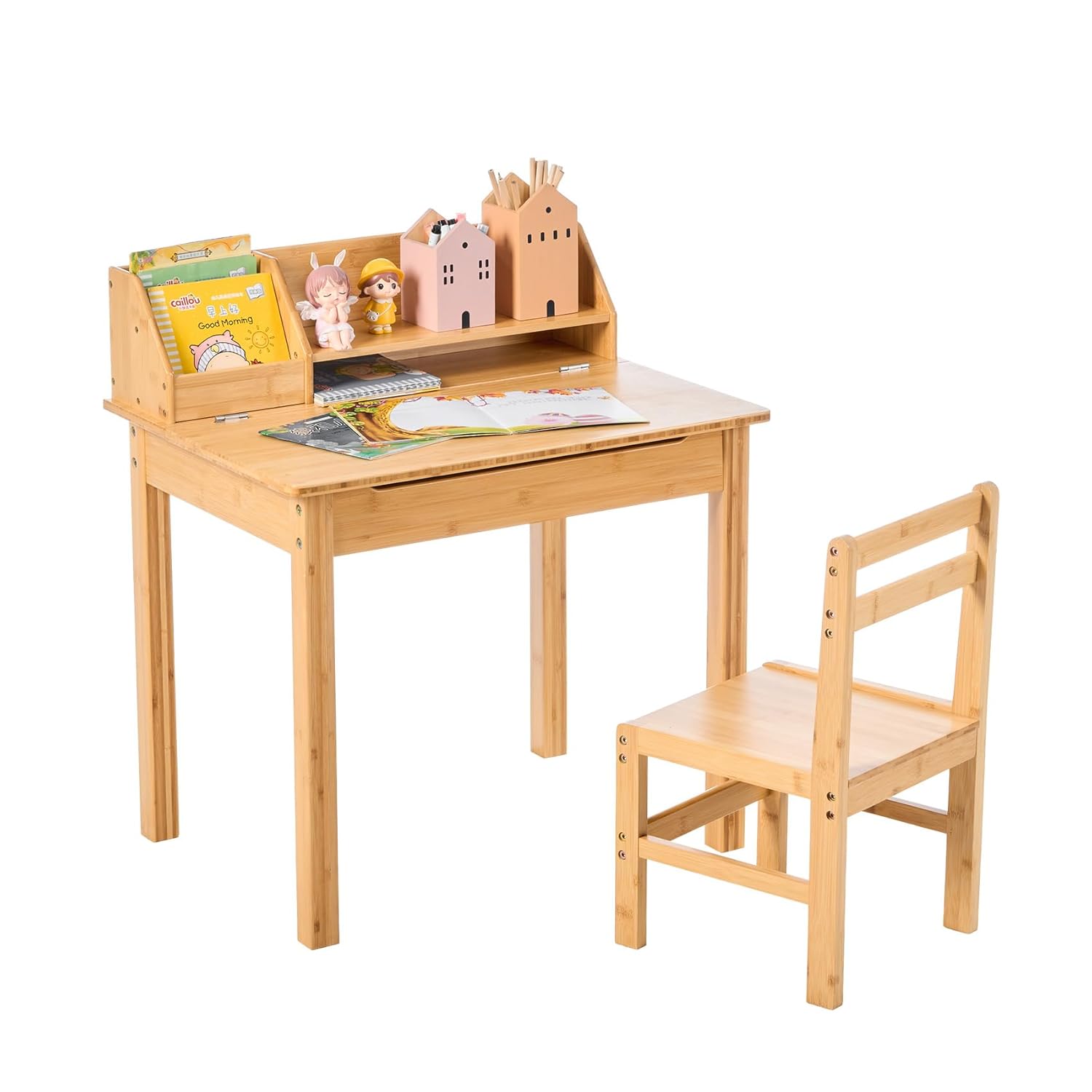 UNICOO Bamboo Toddler Desk and Chair Set with Lift-Top Storage, Kids Study Table with Hutch and Bookshelf, Writing Reading Art Desk for Boys and Girls Ages 3-8