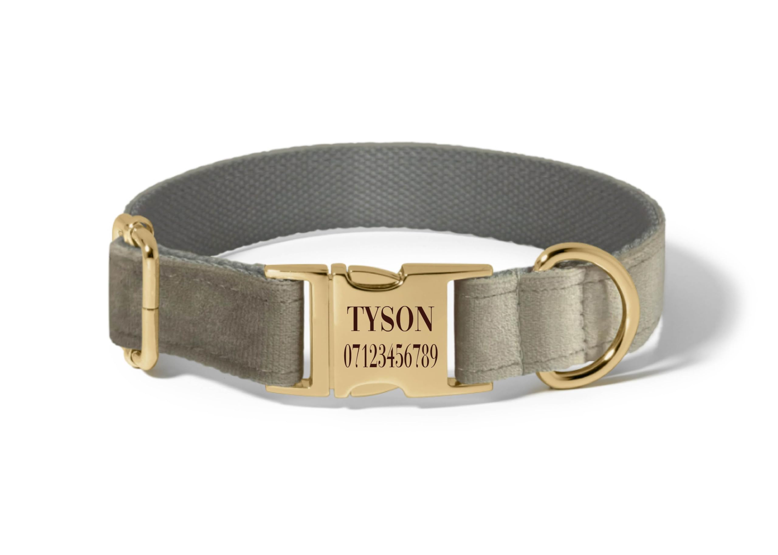 Crafted Memories® Personalized Velvet Dog Collar with Metal Buckle, Engraved Name, Phone Number, and Custom Plate for Pets - Labrador, Dachshund, Terrier, Puppy, Small, Medium, Large Dogs - Grey - L