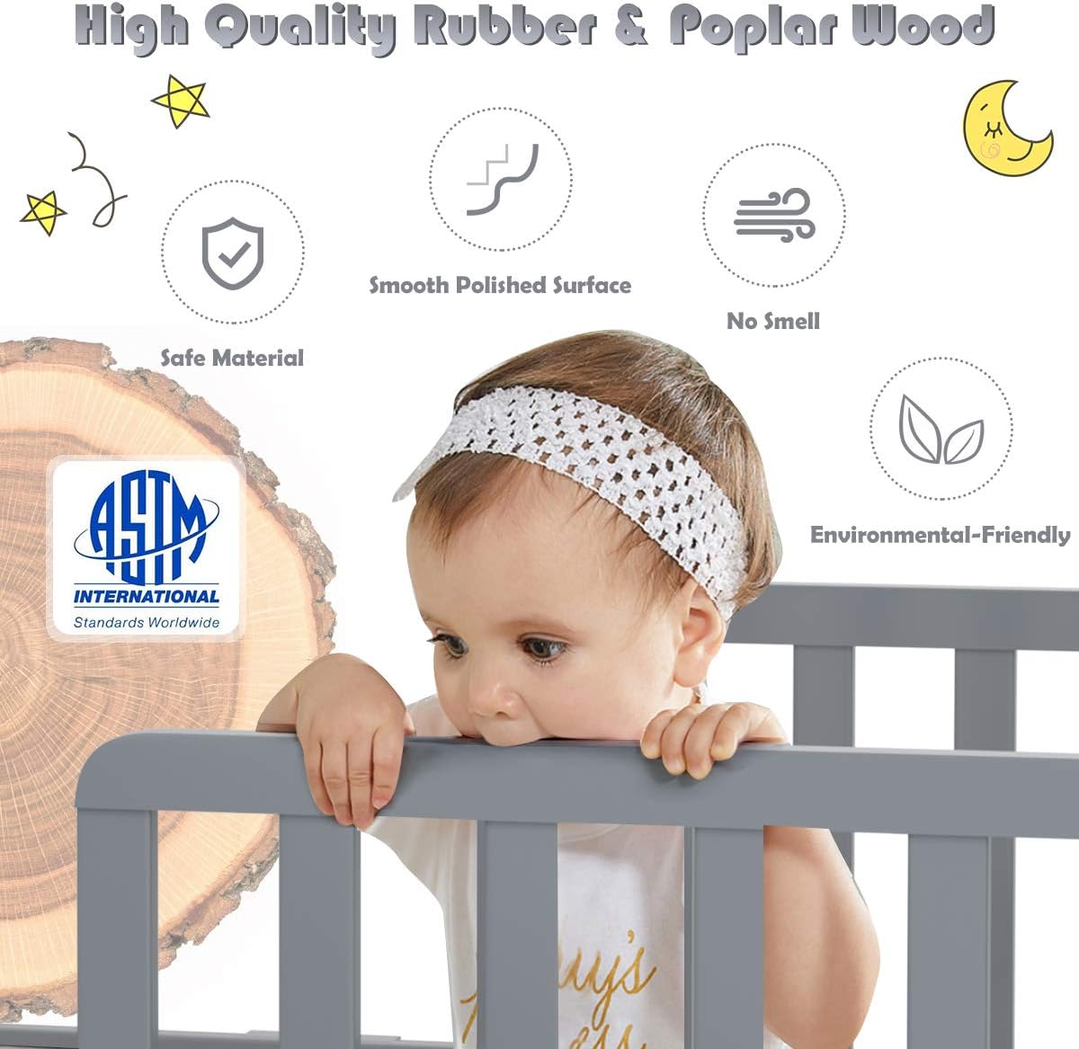 HONEY JOY Toddler Bed Frame, Solid Rubber Wood Frame w/Safety Guardrail, Fits Crib Full Size Mattress (Not Included), Children Classic Sleeping Bedroom Furniture for Kids Boys Girls (Gray)