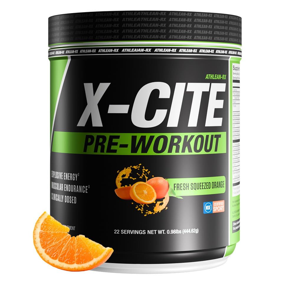 Image of X-CITE Pre-Workout by ATHLEAN-X - Enhanced Formula with Beta-Alanine, Creatine & Caffeine for Ultimate Energy, Endurance, Focus & Muscle Pump, NSF Certified for Sports (Fresh Squeezed Orange)