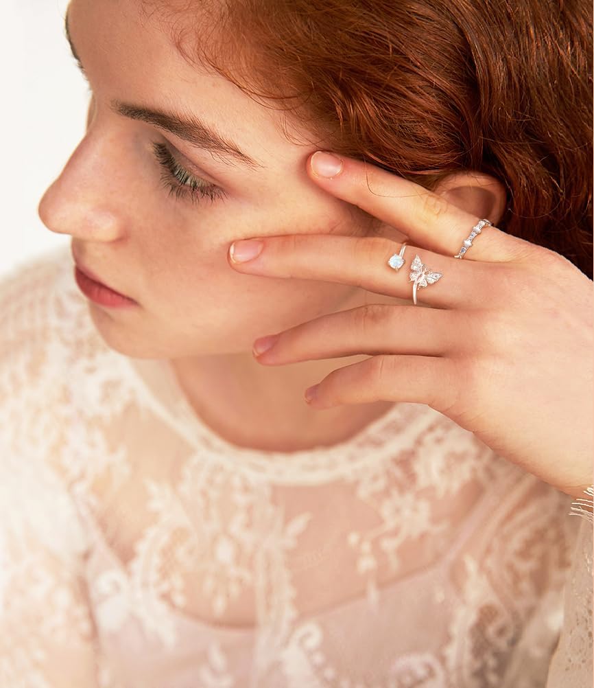 TIGRADE 925 Sterling Silver Adjustable Created Opal Rings Stacking Rings for Women Cubic Zirconia Dainty Eternity Ring Size 5, 7, 10 - Image 6