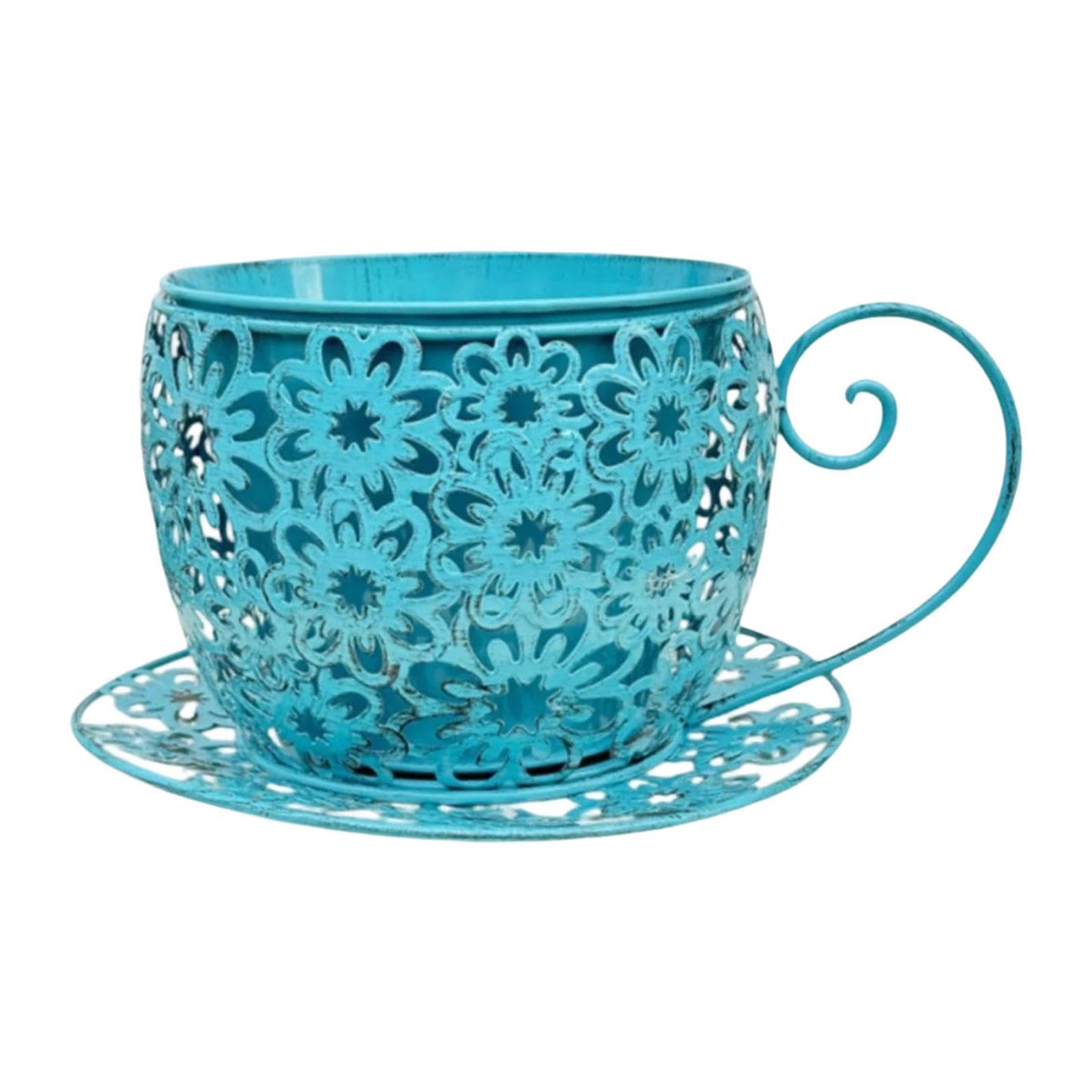 Vaso per Piante a Forma di Tazza da tè, centrotavola con Tazza da tè intagliata e, Decorativo per Patio, Giardino, Matrimonio, Compleanno, Estate, Blu