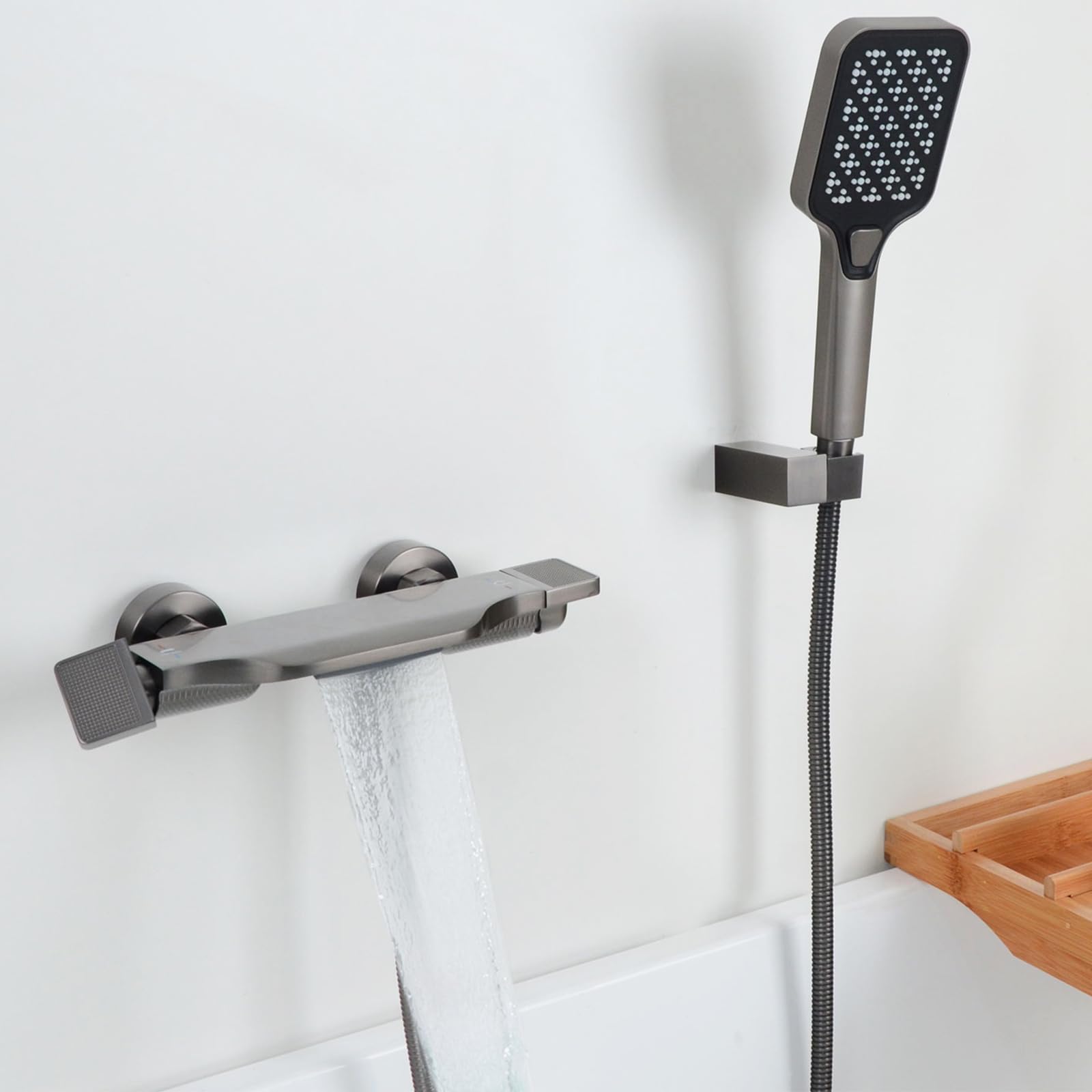 Badewannenarmatur mit Handbrause, Wannenarmatur Wasserfall, Armatur Badewanne Set, Messing, Grau, 14Y7OK