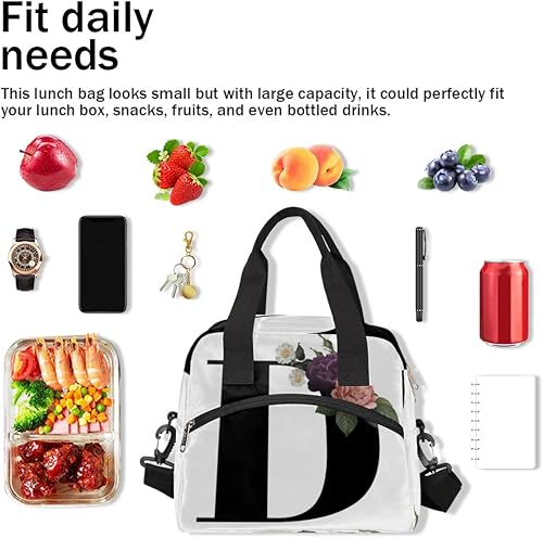 Miniatura 7 de Bolsa de almuerzo aislada para mujeres y hombres, con letras D florales, grande, reutilizable, a prueba de fugas, bolsa de almuerzo con correa