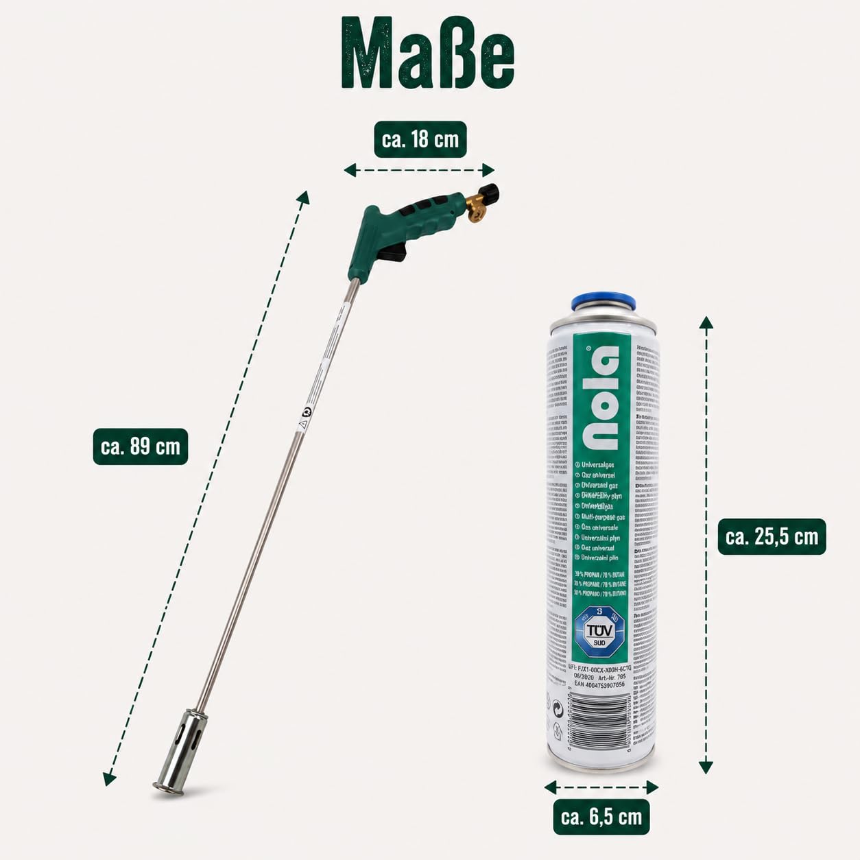 NOLA Bruciatore per erbacce con cartuccia di gas da 330 g inclusa, dispositivo di fiamma, bruciatore per erbacce con accensione piezoelettrica, bruciatore a gas, bruciatore per fiammata, dimensione