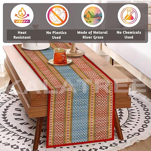 Image of Table Runner for 6 Seater Dining Table Centre Table 60 inch Handmade Reversible Heat Resistant | Korai River Grass Zero Plastic Madurkathi Eco Friendly | Rustic Boho | Cherry Runner