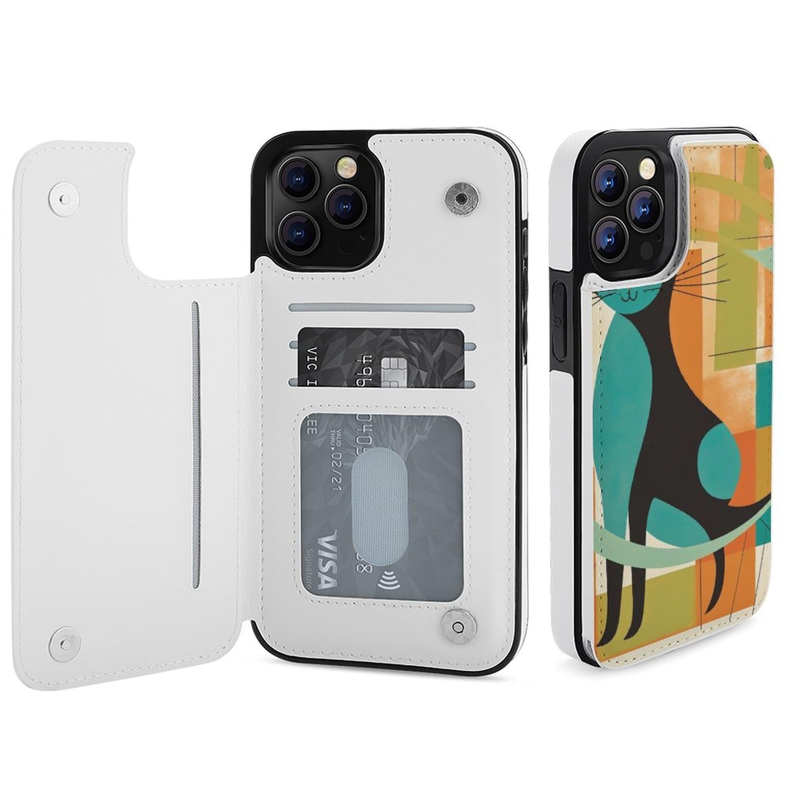 Fundas tipo cartera para iPhone 12 Pro Max, diseño de gato moderno de mediados de siglo, funda de piel con ranuras para tarjetas