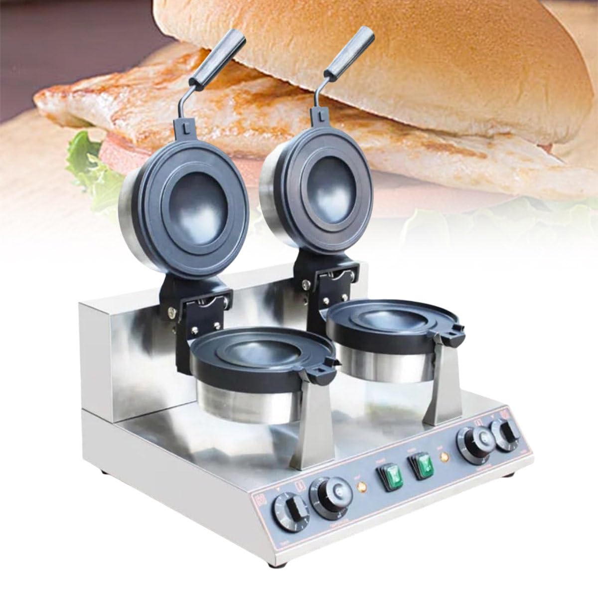 Pressa per Hamburger, Macchina per Hamburger Rotante, Macchina per Hamburger con Gelato e Timer, Macchina per Waffle in Acciaio Inox, Calore e Tempo Regolabili, per panetterie, RIS