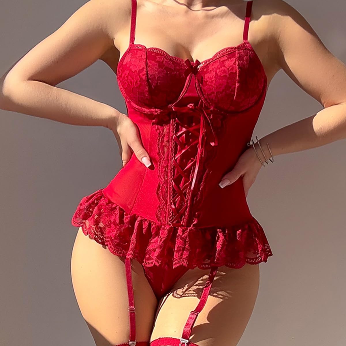 Lingerie Sets for Women Sexy Lace Up Corset Bodysuit With Garter Underwire Babydoll Rave Outfits - Image 6