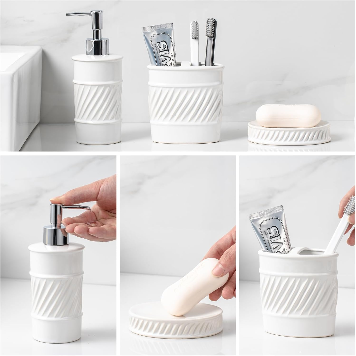 Christmas Bathroom Accessories Set, 7-Piece Ceramic Bathroom Accessory Set Include Lotion Dispenser, Toothbrush Holder Tumbler, and Soap Dish